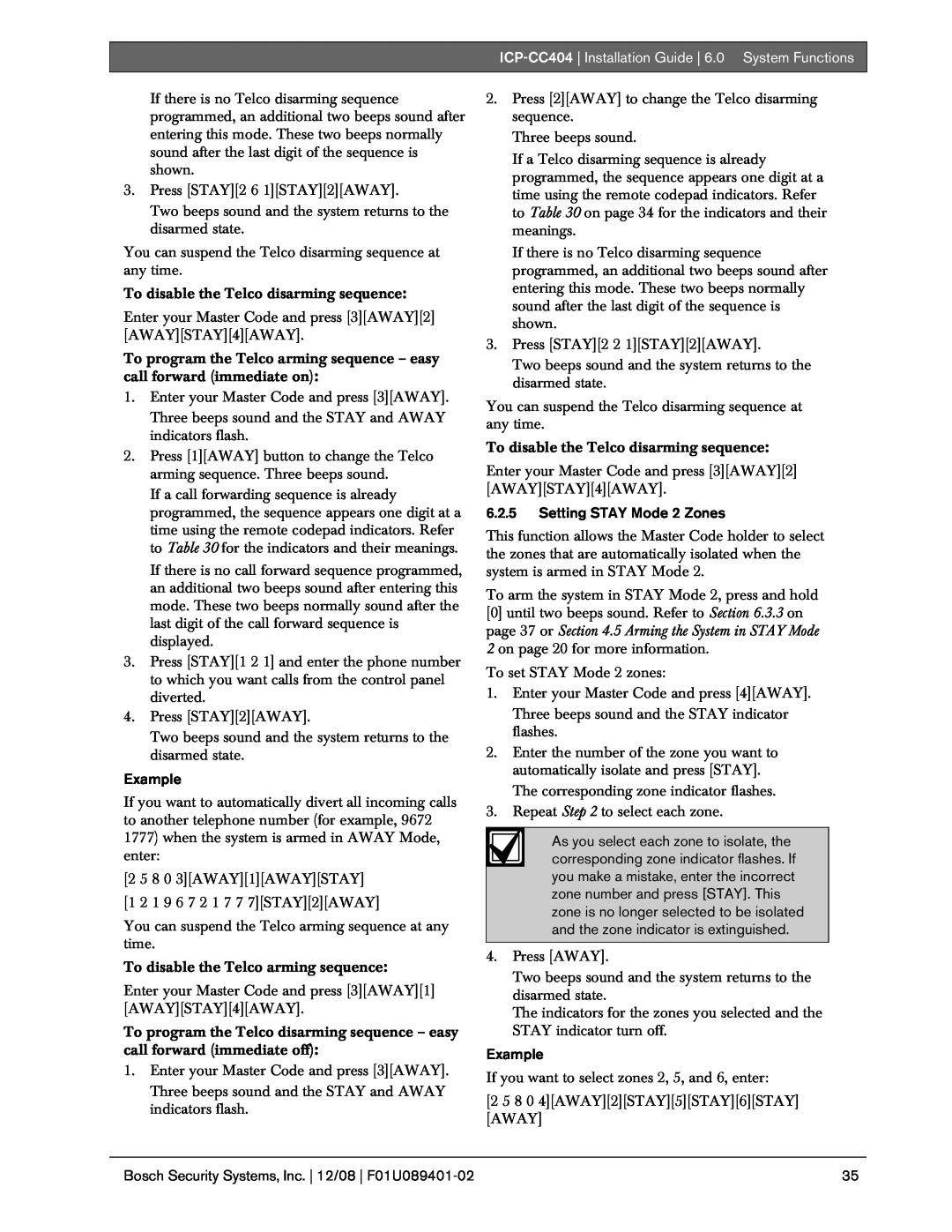 Bosch Appliances ICP-CC404 manual 6.2.5Setting STAY Mode 2 Zones, Example 