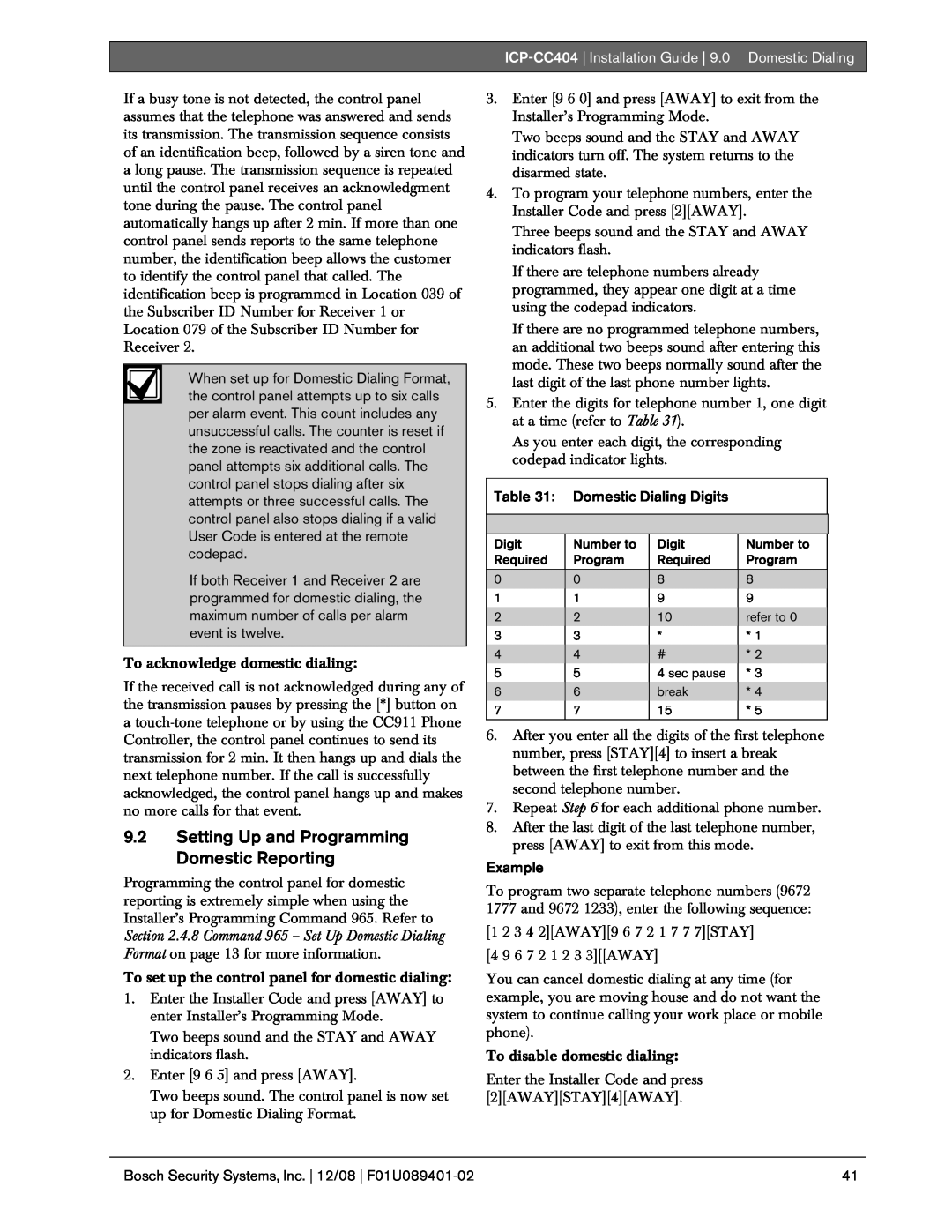 Bosch Appliances ICP-CC404 manual 9.2Setting Up and Programming Domestic Reporting, Domestic Dialing Digits, Example 