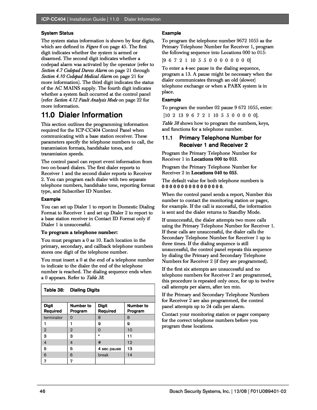 Bosch Appliances ICP-CC404 manual Dialer Information, System Status, Dialing Digits, Example 