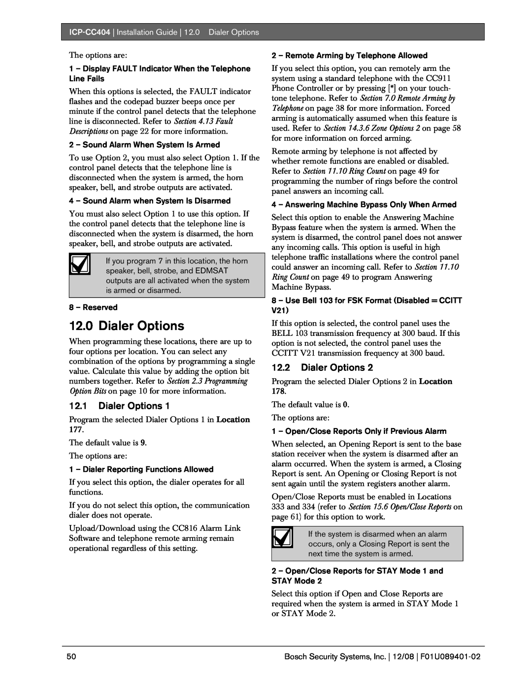 Bosch Appliances ICP-CC404 manual 12.1Dialer Options, 12.2Dialer Options 