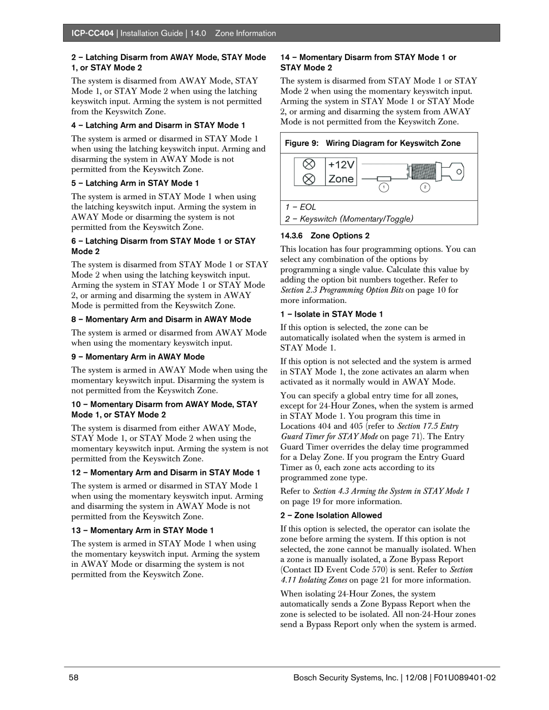 Bosch Appliances ICP-CC404 manual 4 – Latching Arm and Disarm in STAY Mode 