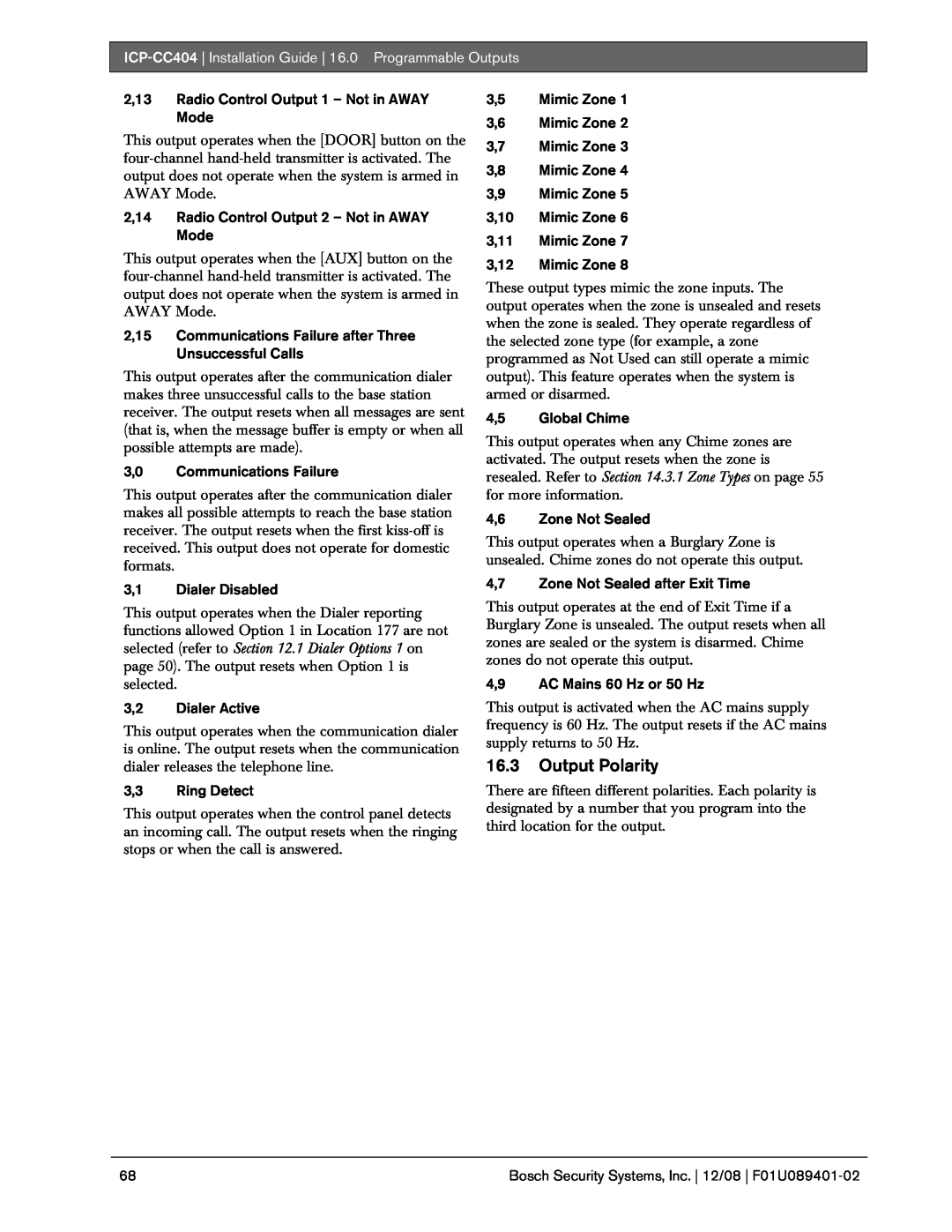 Bosch Appliances ICP-CC404 manual 16.3Output Polarity 