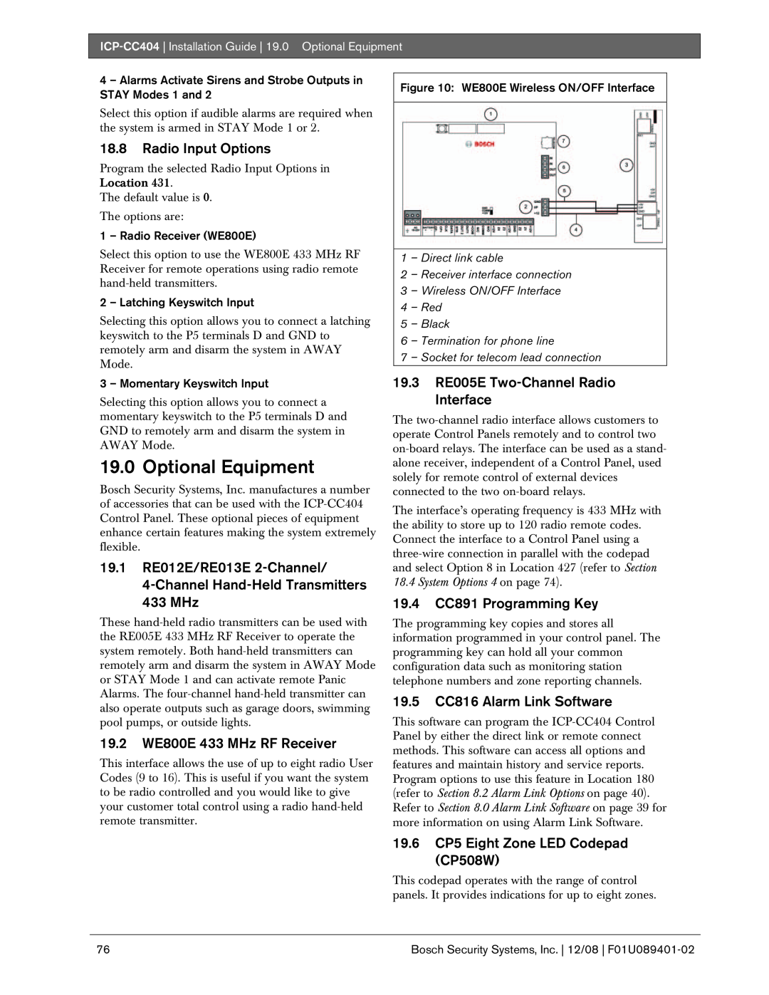 Bosch Appliances ICP-CC404 manual Optional Equipment, 18.8Radio Input Options, 19.1RE012E/RE013E 2-Channel 