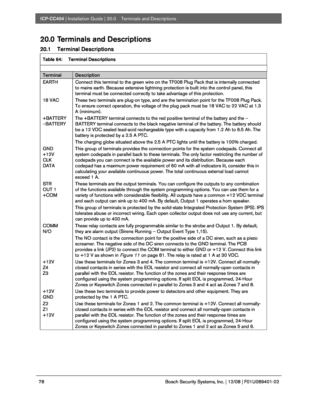 Bosch Appliances ICP-CC404 manual 20.0Terminals and Descriptions, 20.1Terminal Descriptions 
