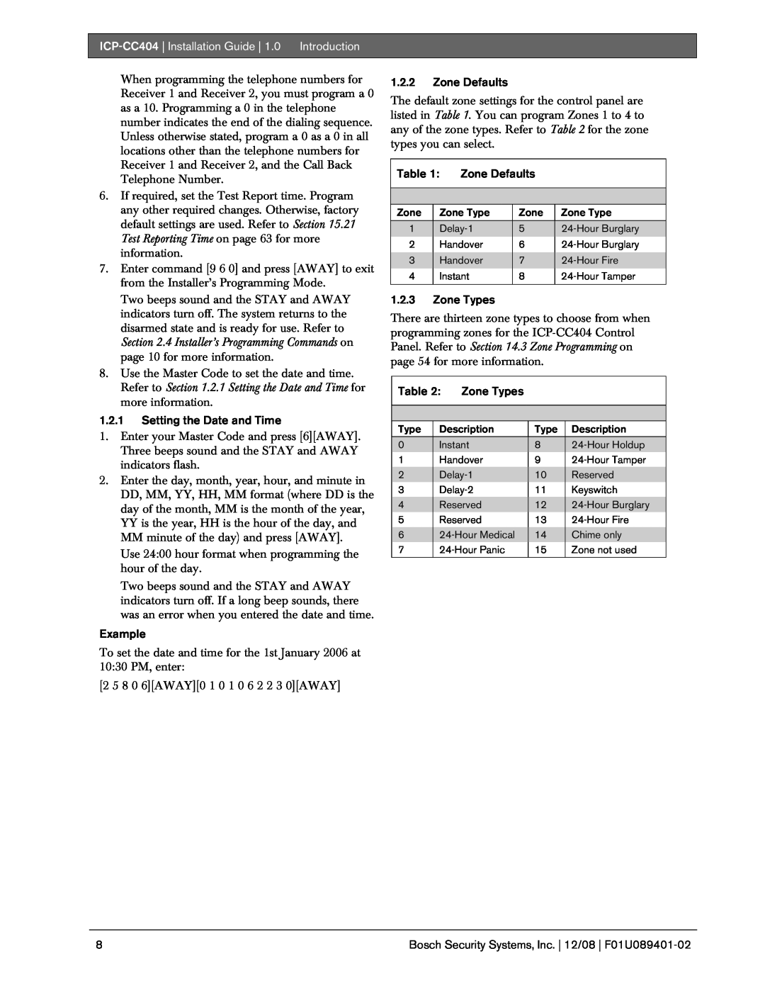 Bosch Appliances ICP-CC404 manual 1.2.1Setting the Date and Time, Example, 1.2.2Zone Defaults, 1.2.3Zone Types, Table 