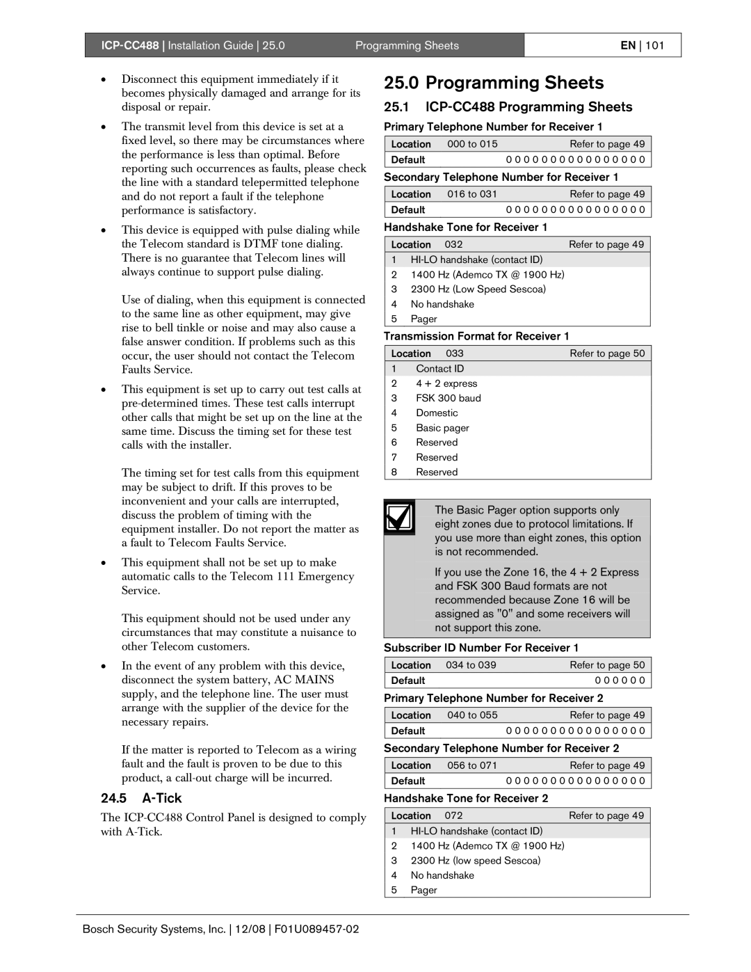 Bosch Appliances manual Tick, ICP-CC488 Programming Sheets, ICP-CC488 Installation Guide Programming Sheets 