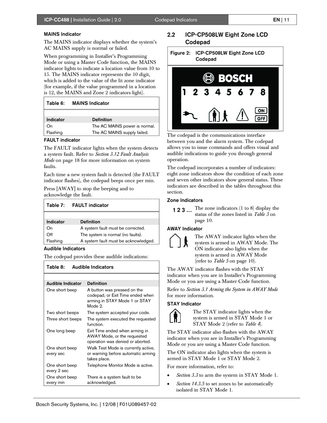 Bosch Appliances ICP-CC488 manual ICP-CP508LW Eight Zone LCD Codepad, Mains Indicator, Fault indicator, Audible Indicators 