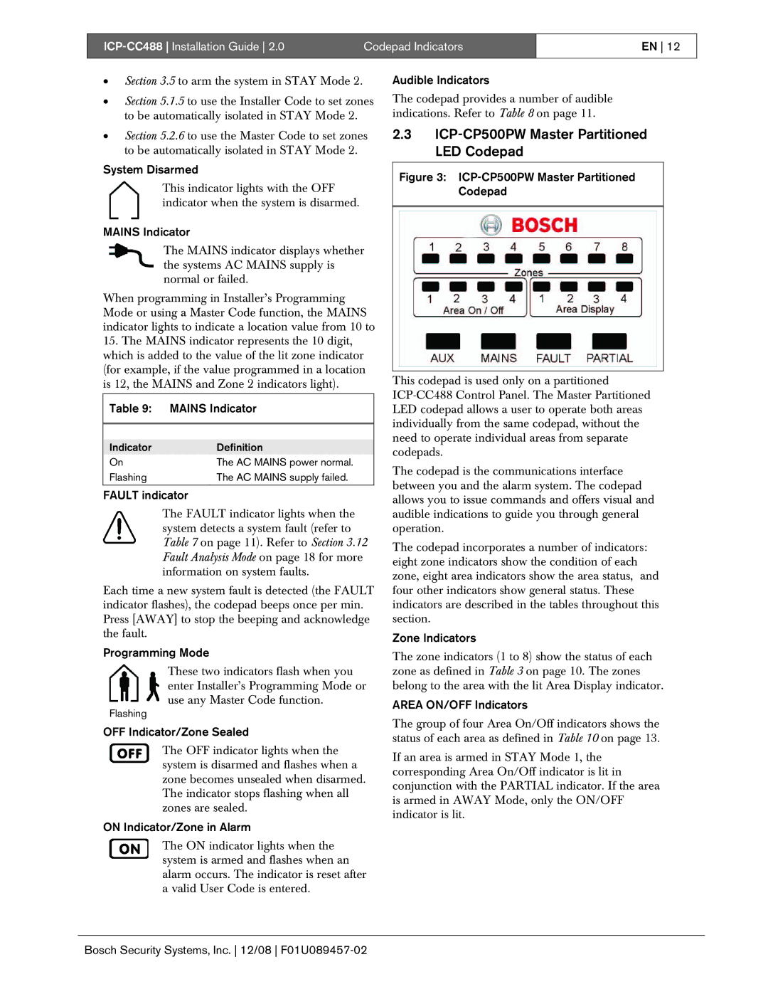 Bosch Appliances ICP-CC488 manual ICP-CP500PW Master Partitioned LED Codepad 