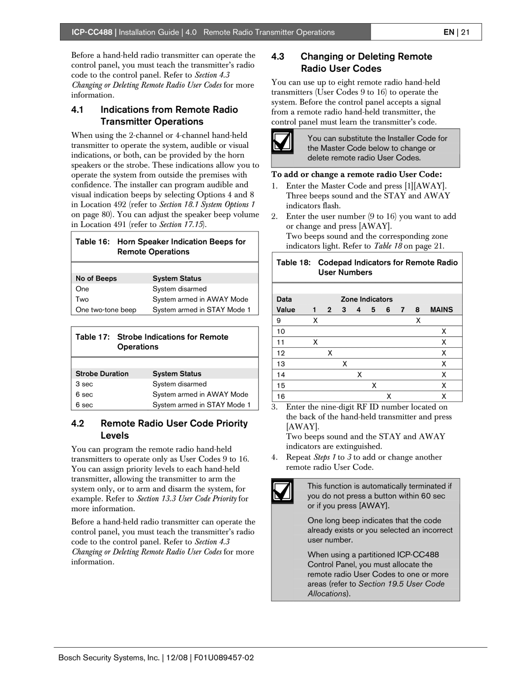 Bosch Appliances ICP-CC488 Indications from Remote Radio Transmitter Operations, Remote Radio User Code Priority Levels 