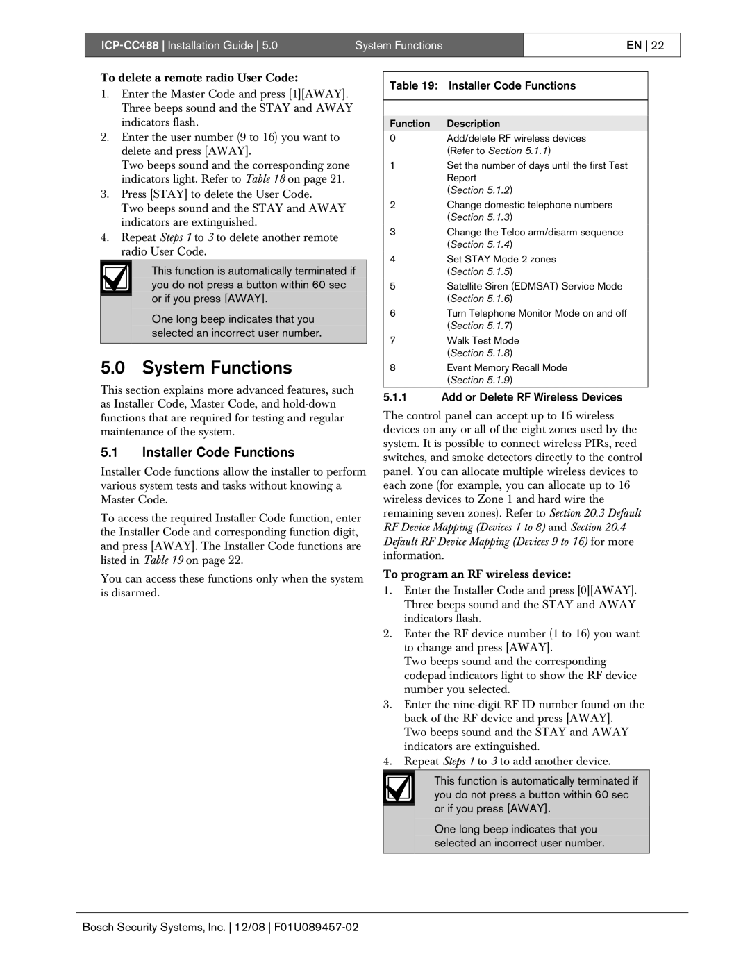 Bosch Appliances manual Installer Code Functions, ICP-CC488 Installation Guide System Functions 