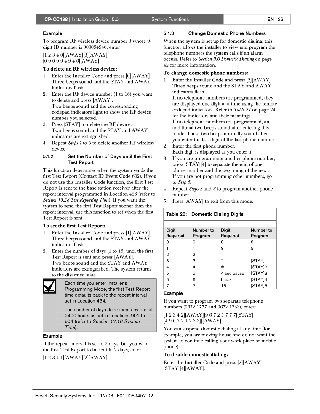 Bosch Appliances ICP-CC488 manual Set the Number of Days until the First Test Report, Change Domestic Phone Numbers 