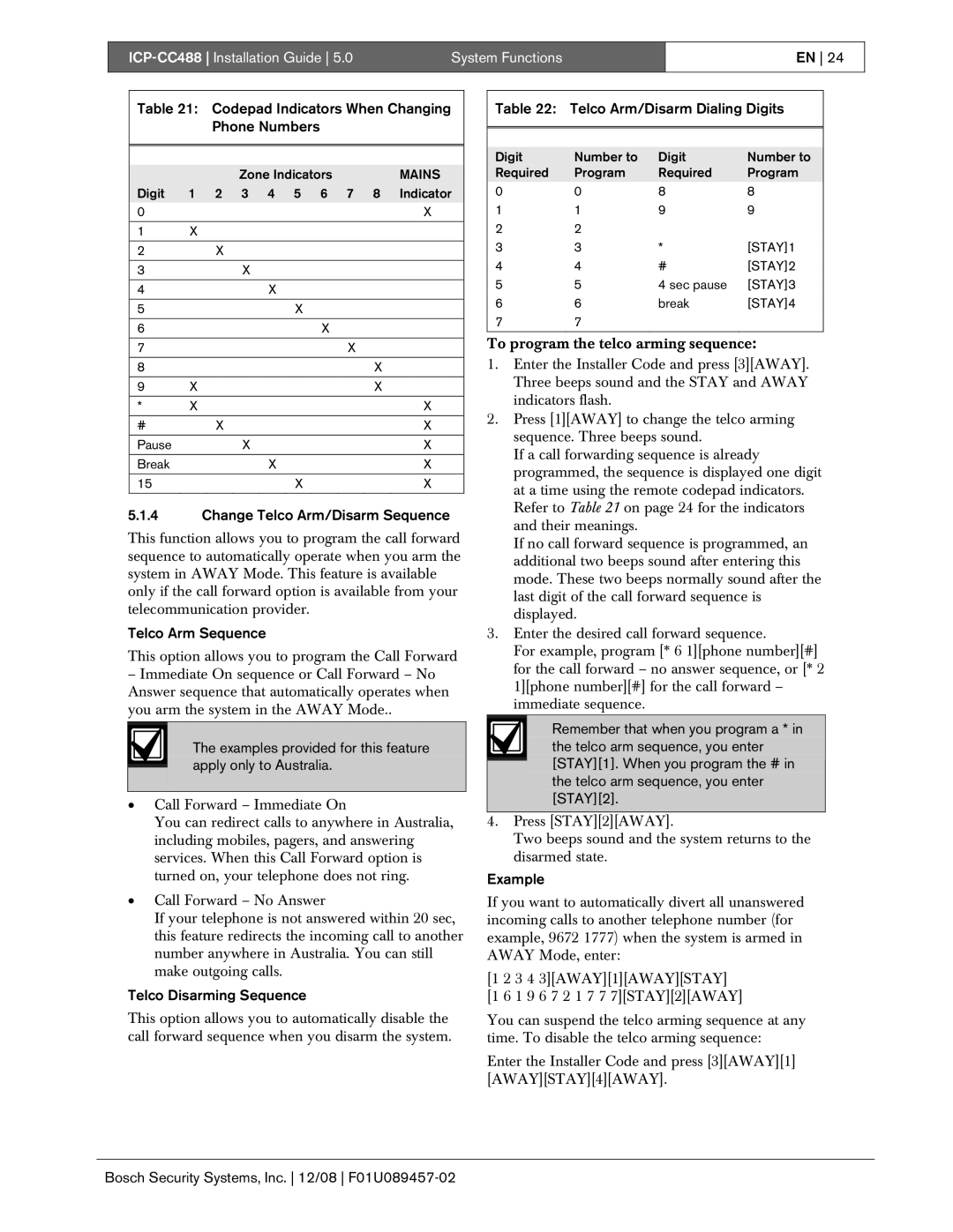 Bosch Appliances ICP-CC488 manual Codepad Indicators When Changing Phone Numbers, Change Telco Arm/Disarm Sequence 