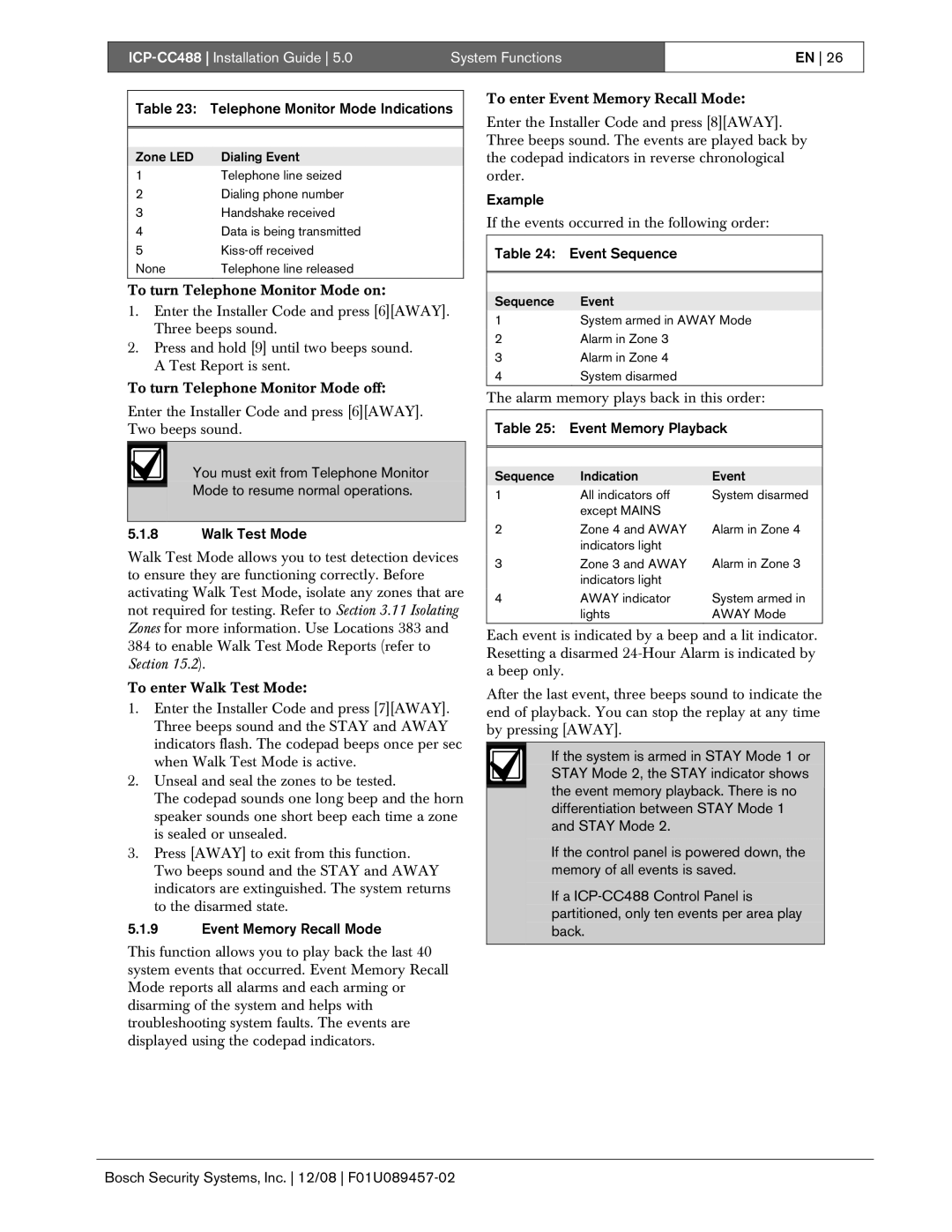 Bosch Appliances ICP-CC488 manual Telephone Monitor Mode Indications, Event Memory Recall Mode, Event Sequence 