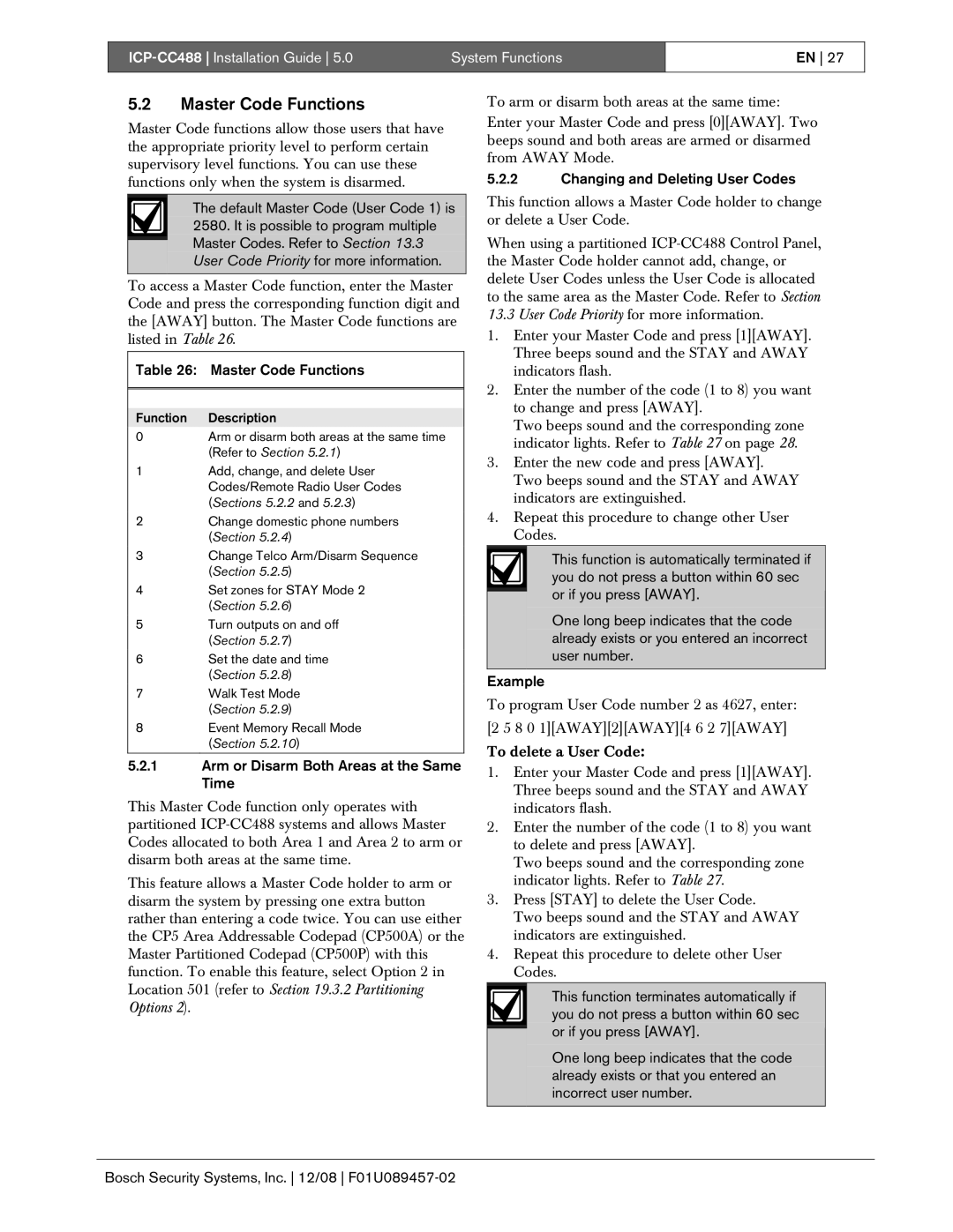 Bosch Appliances ICP-CC488 manual Master Code Functions, Arm or Disarm Both Areas at the Same Time 