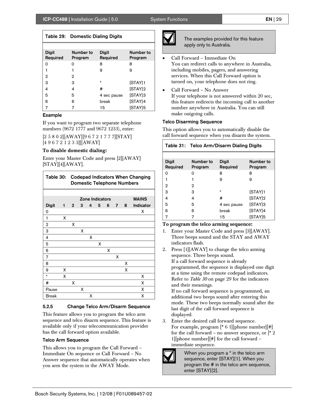 Bosch Appliances ICP-CC488 manual Domestic Dialing Digits, Codepad Indicators When Changing Domestic Telephone Numbers 