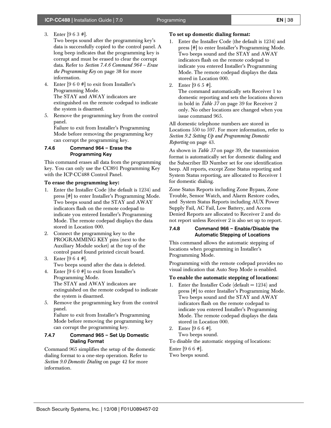 Bosch Appliances ICP-CC488 manual Command 964 Erase the Programming Key, Command 965 Set Up Domestic Dialing Format 