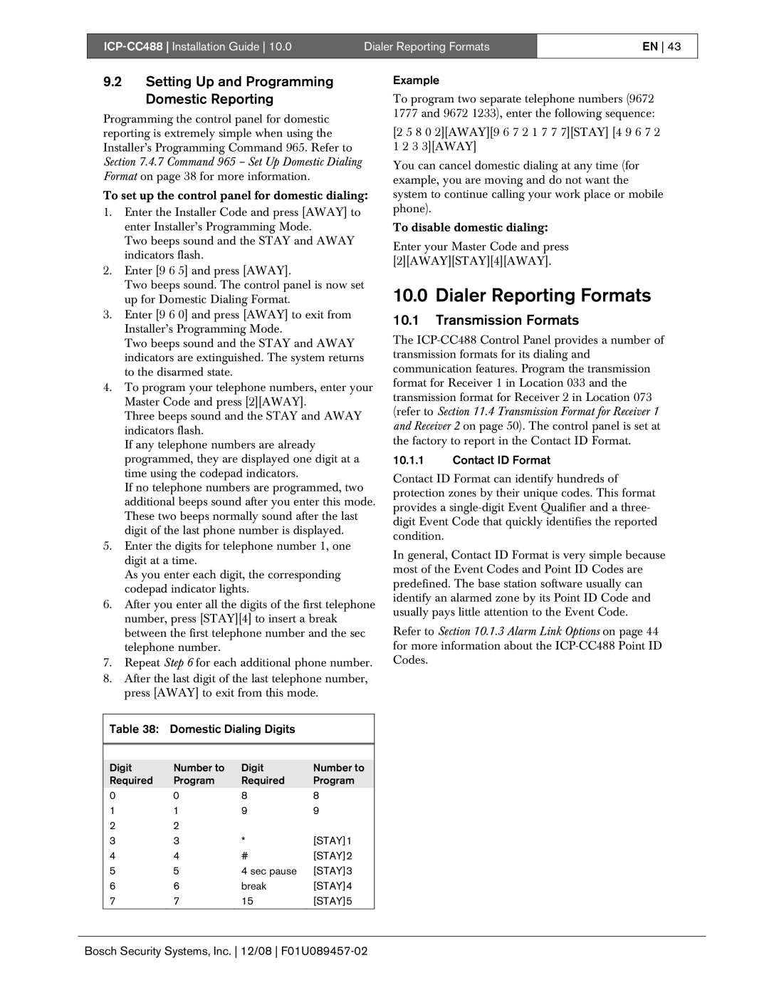 Bosch Appliances ICP-CC488 Dialer Reporting Formats, Setting Up and Programming Domestic Reporting, Transmission Formats 