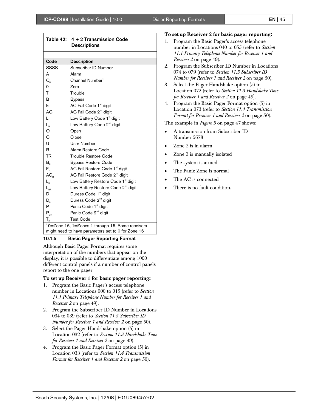 Bosch Appliances ICP-CC488 manual + 2 Transmission Code Descriptions, Basic Pager Reporting Format 