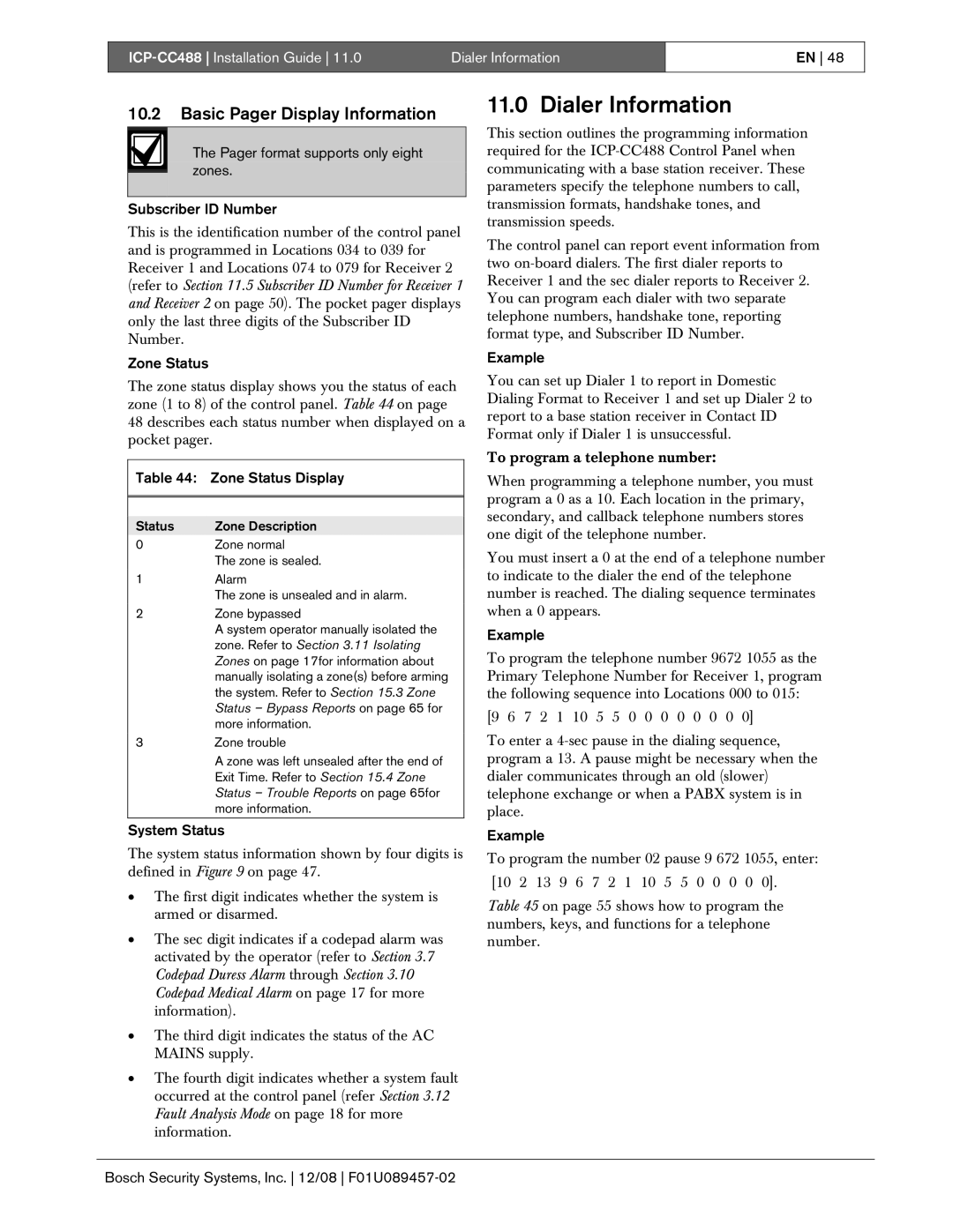 Bosch Appliances ICP-CC488 manual Dialer Information, Basic Pager Display Information 