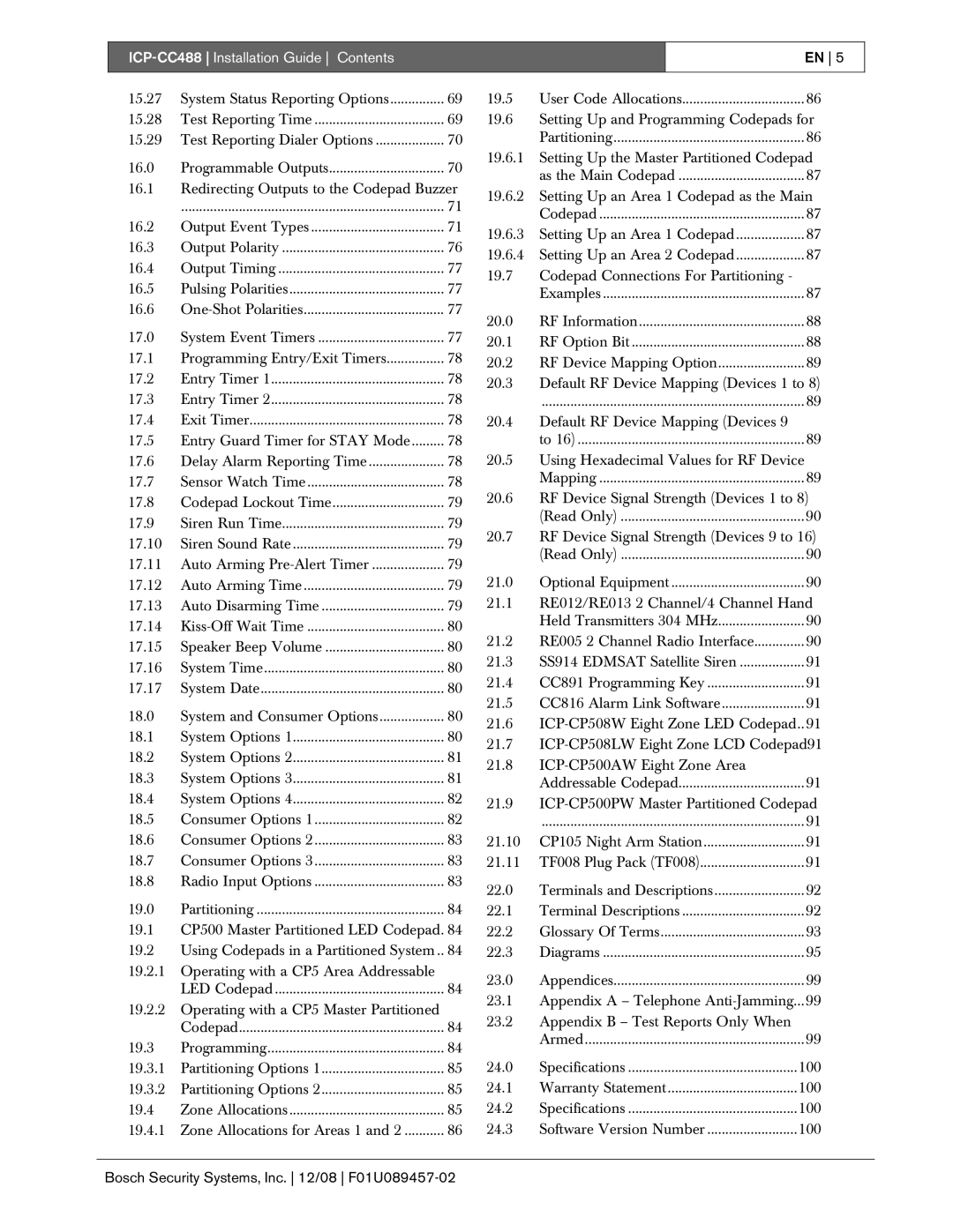 Bosch Appliances manual ICP-CC488 Installation Guide Contents 