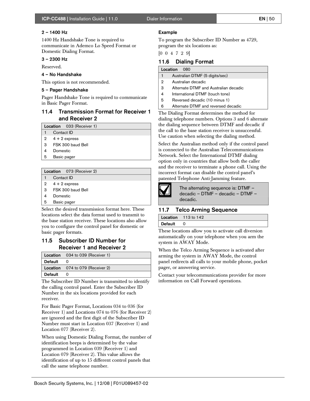 Bosch Appliances ICP-CC488 manual Transmission Format for Receiver 1 and Receiver, Dialing Format, Telco Arming Sequence 