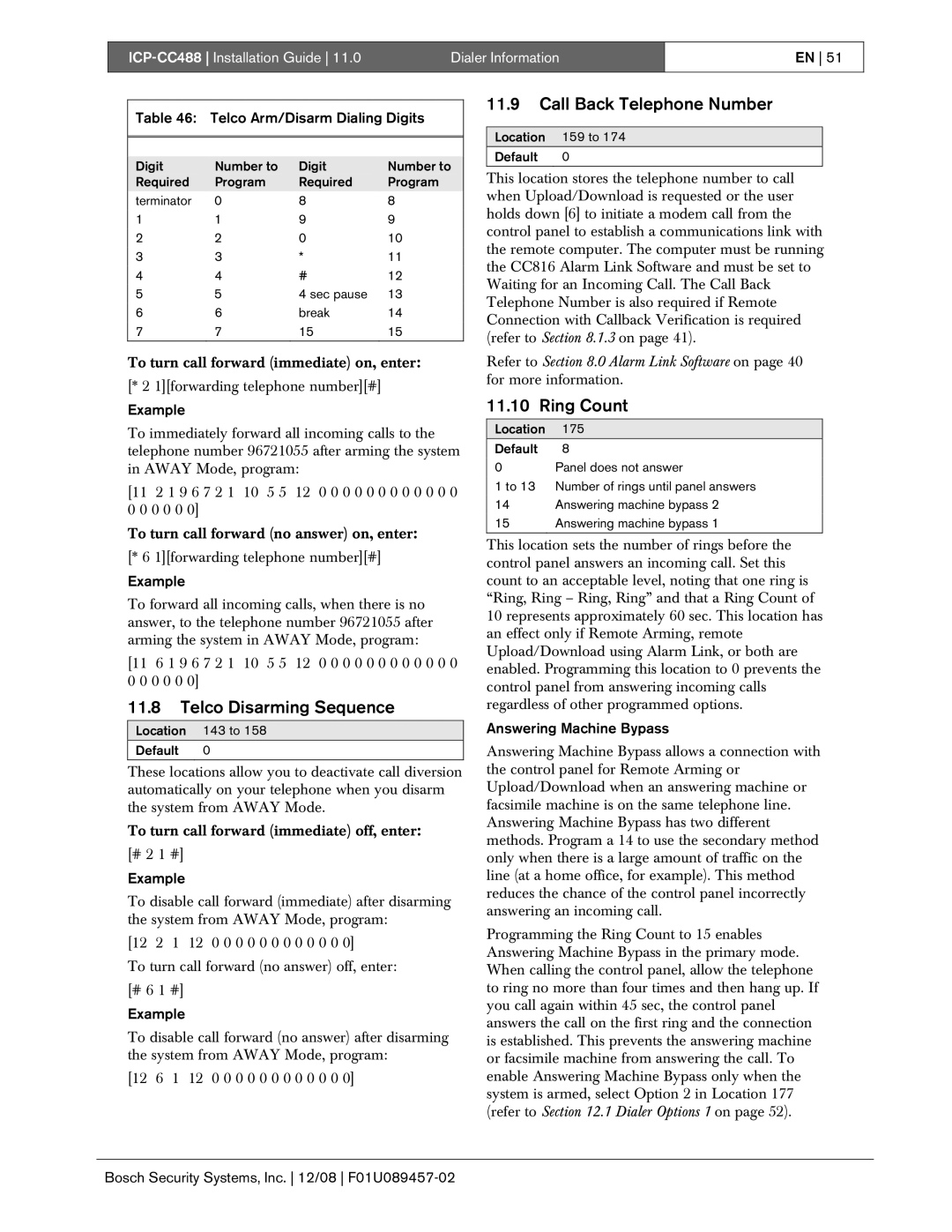 Bosch Appliances ICP-CC488 Telco Disarming Sequence, Call Back Telephone Number, Ring Count, Answering Machine Bypass 