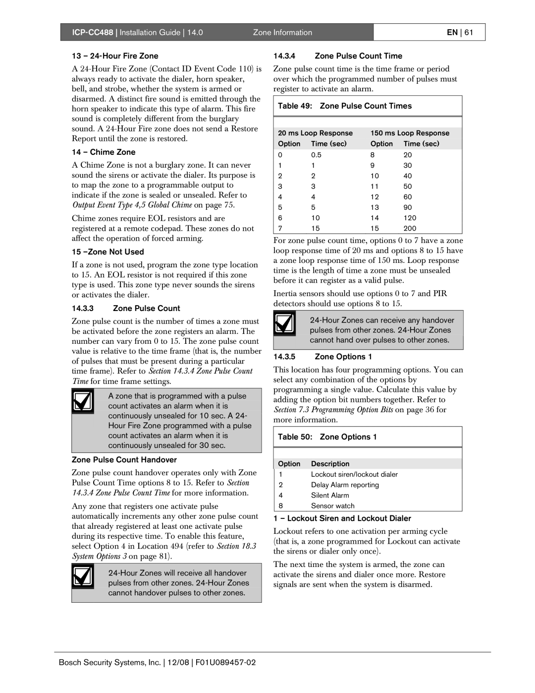 Bosch Appliances ICP-CC488 manual 13 24-Hour Fire Zone, Chime Zone, Zone Not Used, Zone Pulse Count Time 