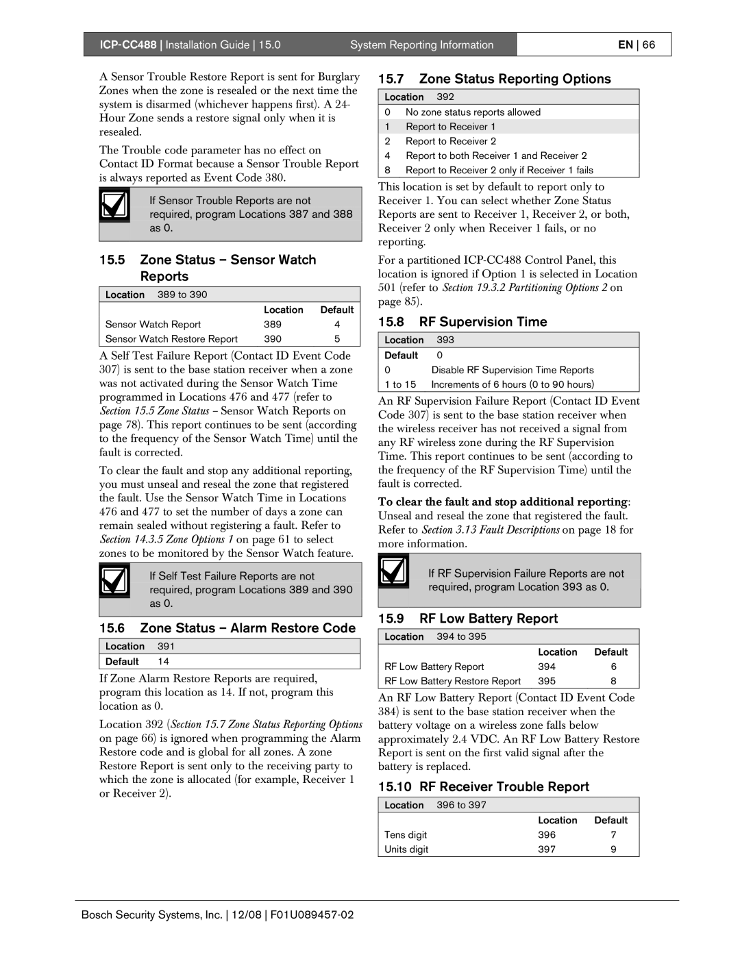 Bosch Appliances ICP-CC488 Zone Status Sensor Watch Reports, Zone Status Alarm Restore Code, Zone Status Reporting Options 