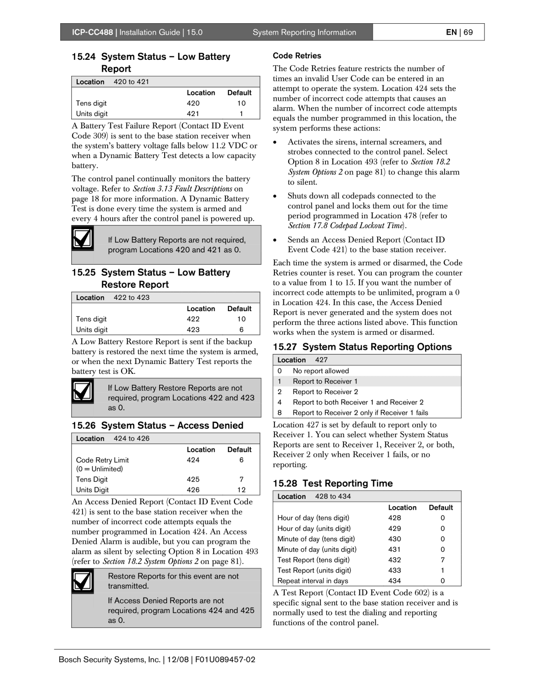 Bosch Appliances ICP-CC488 System Status Low Battery Report, System Status Low Battery Restore Report, Test Reporting Time 