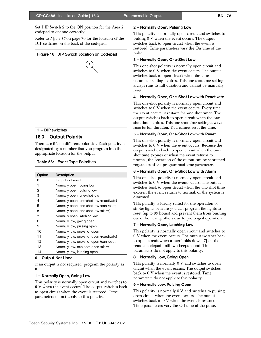 Bosch Appliances ICP-CC488 manual Output Polarity 