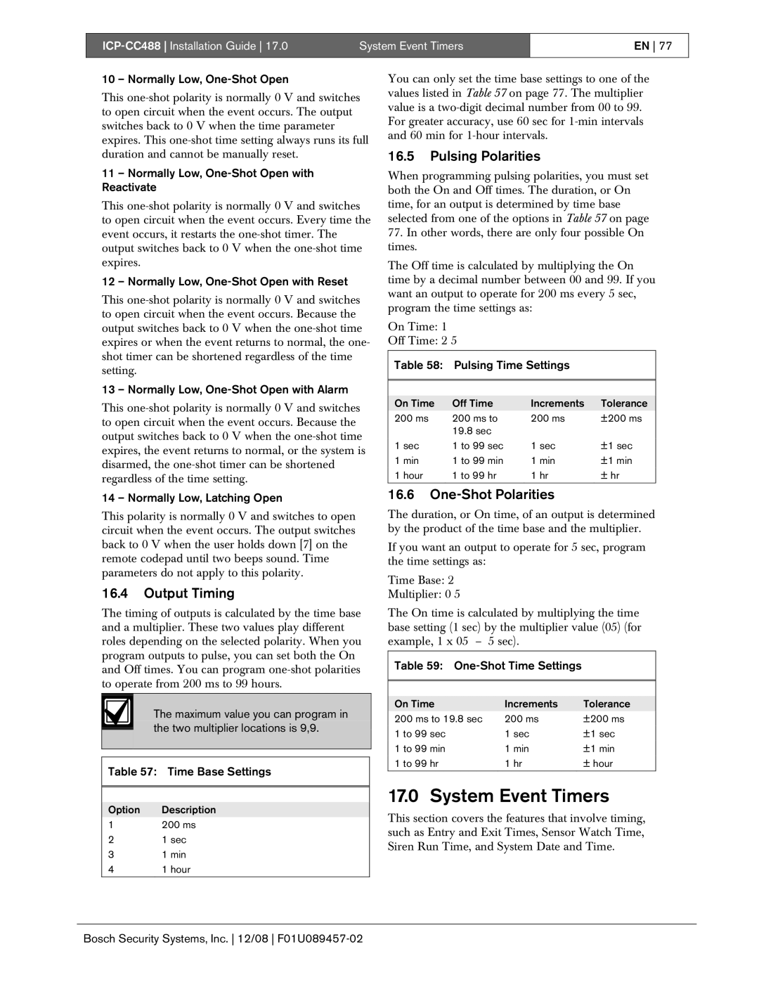 Bosch Appliances ICP-CC488 manual System Event Timers, Output Timing, Pulsing Polarities, One-Shot Polarities 