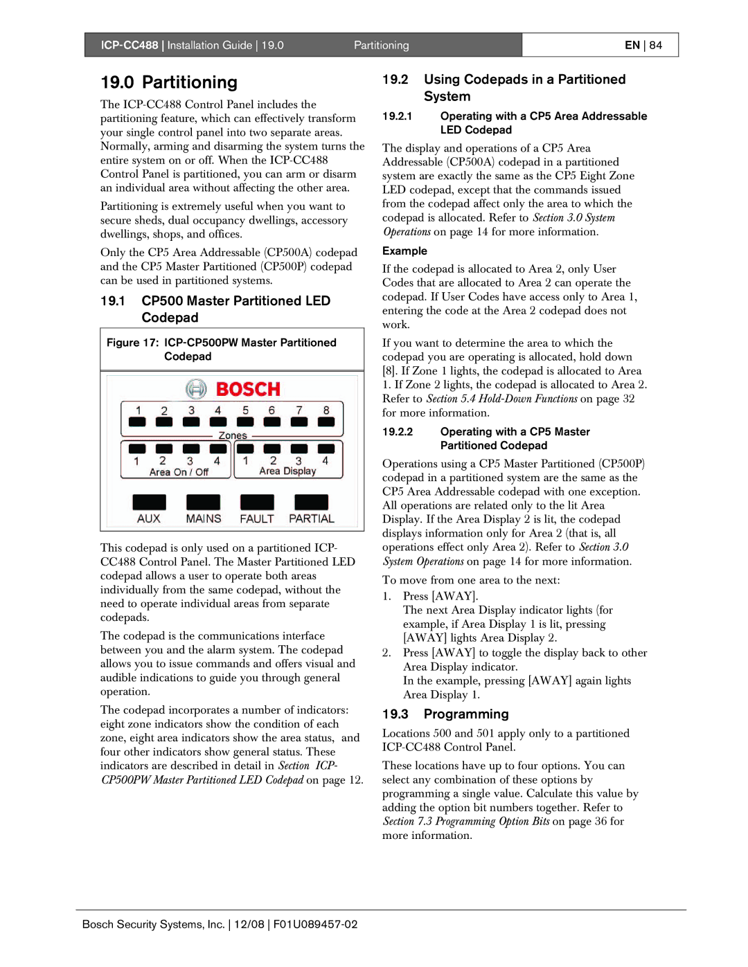 Bosch Appliances ICP-CC488 Partitioning, 19.1 CP500 Master Partitioned LED Codepad, Using Codepads in a Partitioned System 