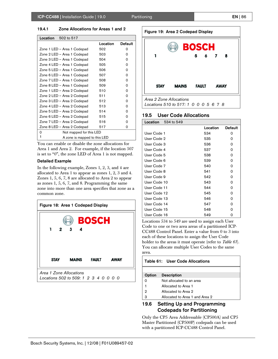 Bosch Appliances ICP-CC488 User Code Allocations, Setting Up and Programming Codepads for Partitioning, Detailed Example 