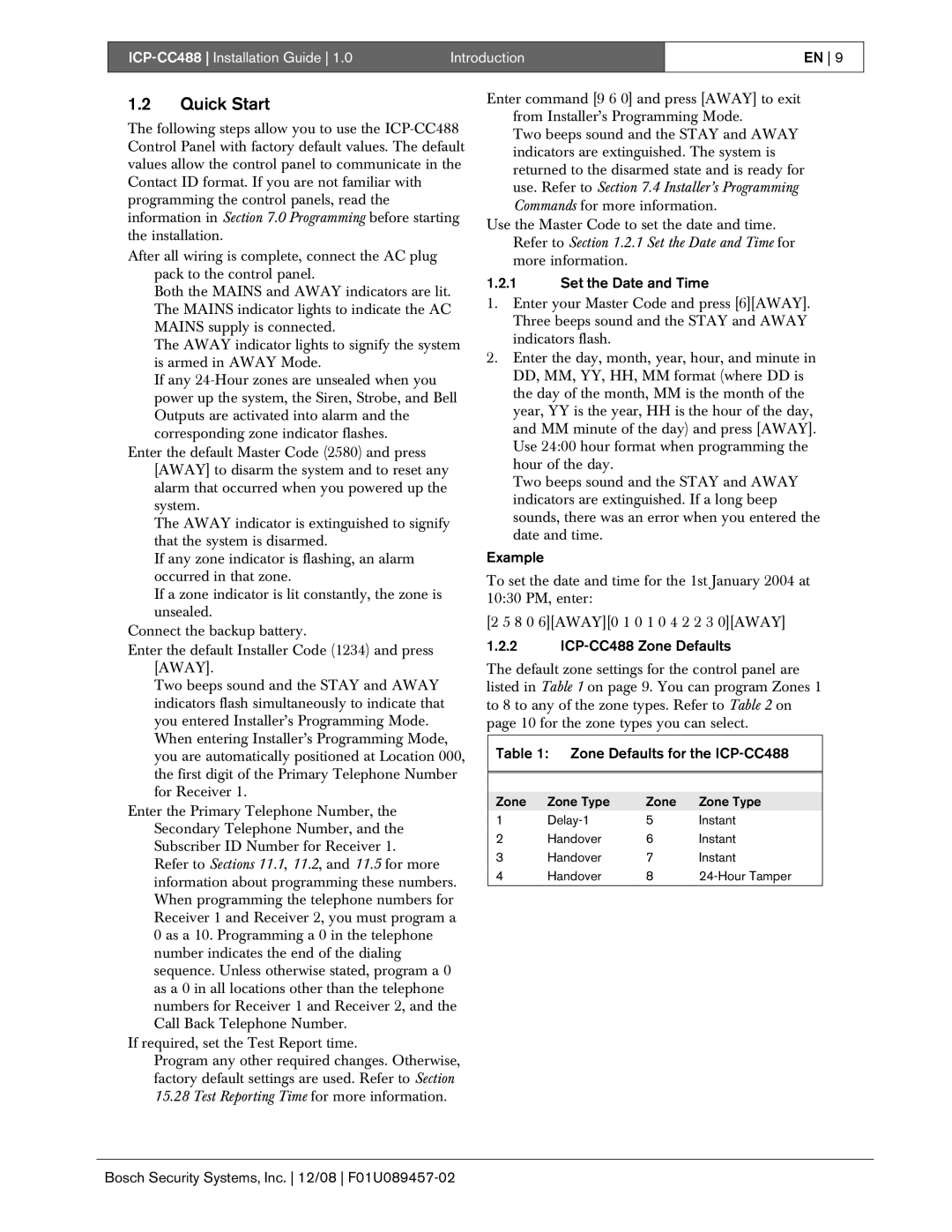 Bosch Appliances Quick Start, Set the Date and Time, Example, ICP-CC488 Zone Defaults, Zone Defaults for the ICP-CC488 