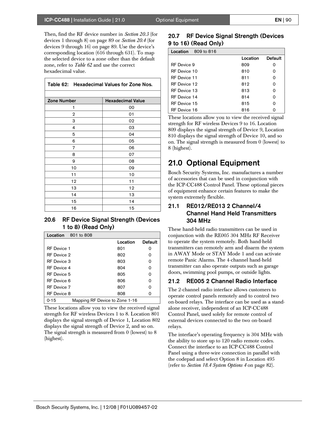 Bosch Appliances ICP-CC488 manual Optional Equipment, RF Device Signal Strength Devices 1 to 8 Read Only 