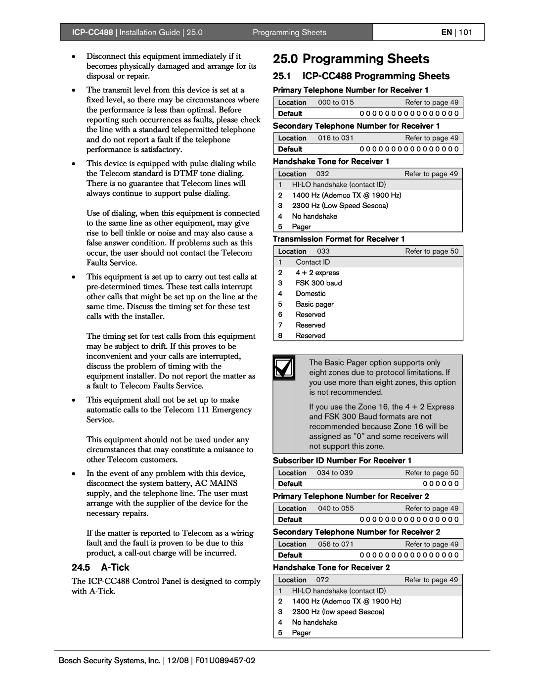 Bosch Appliances 25.0Programming Sheets, 24.5A-Tick, 25.1ICP-CC488Programming Sheets, ICP-CC488| Installation Guide 