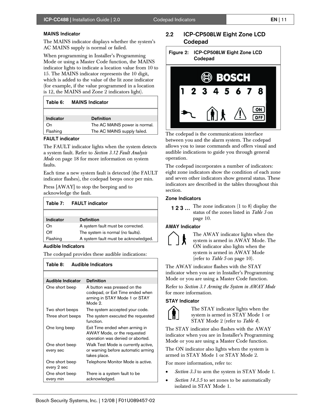 Bosch Appliances manual 2.2ICP-CP508LWEight Zone LCD Codepad, ICP-CC488| Installation Guide, Codepad Indicators 