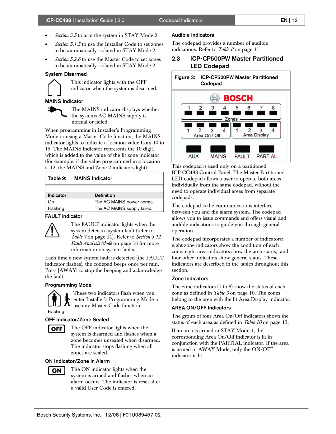 Bosch Appliances manual 2.3ICP-CP500PWMaster Partitioned LED Codepad, ICP-CC488| Installation Guide, Codepad Indicators 