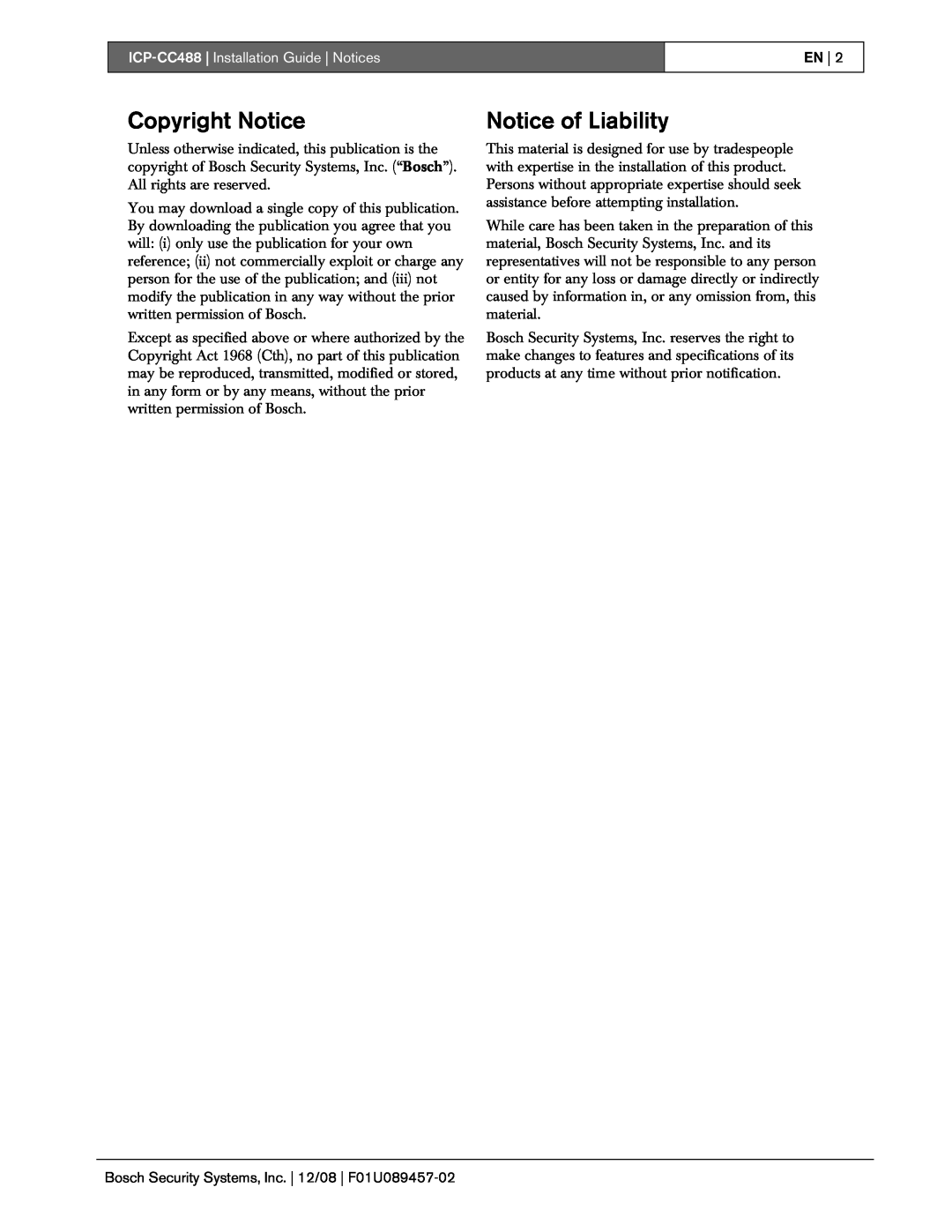 Bosch Appliances manual Copyright Notice, Notice of Liability, ICP-CC488| Installation Guide | Notices, En 