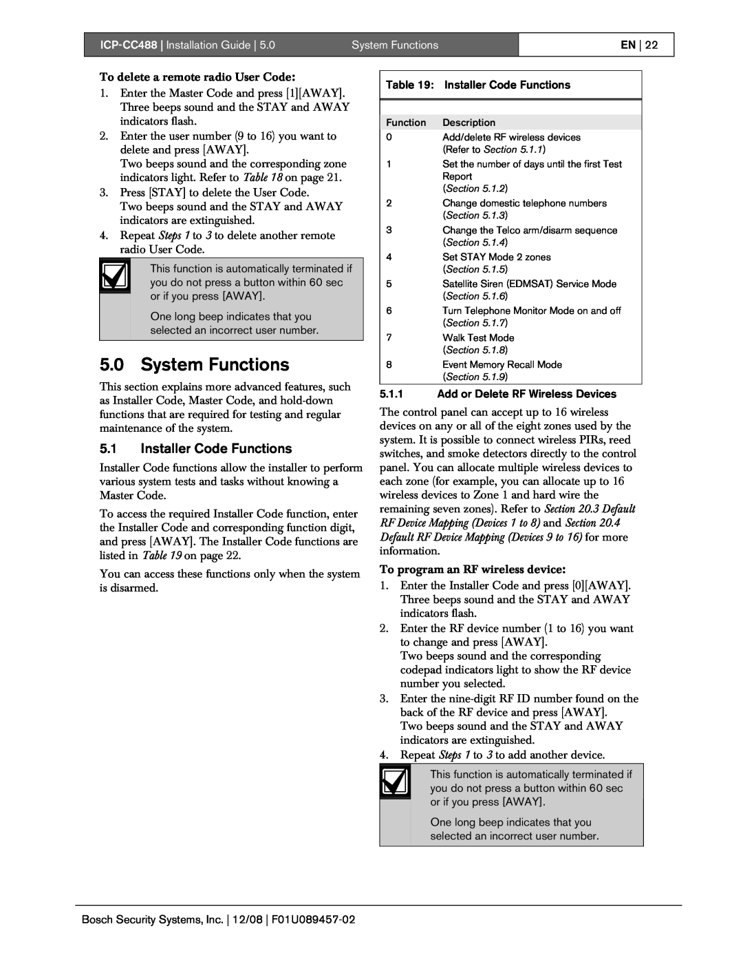 Bosch Appliances manual System Functions, 5.1Installer Code Functions, ICP-CC488| Installation Guide 