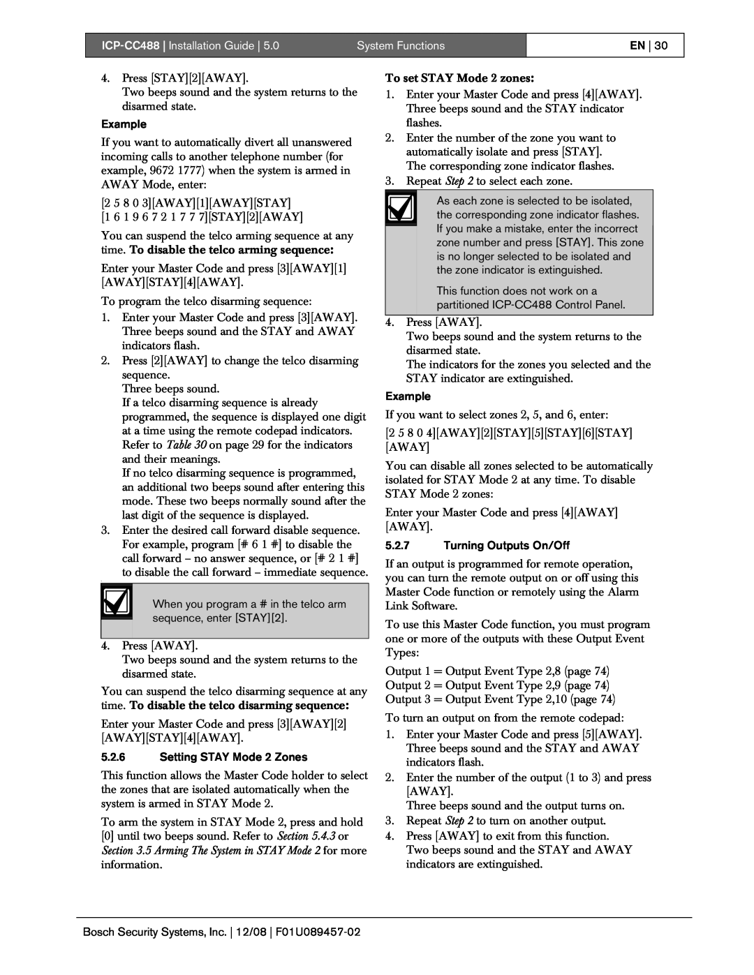 Bosch Appliances manual ICP-CC488 Installation Guide, System Functions, En, Example, 5.2.6Setting STAY Mode 2 Zones 