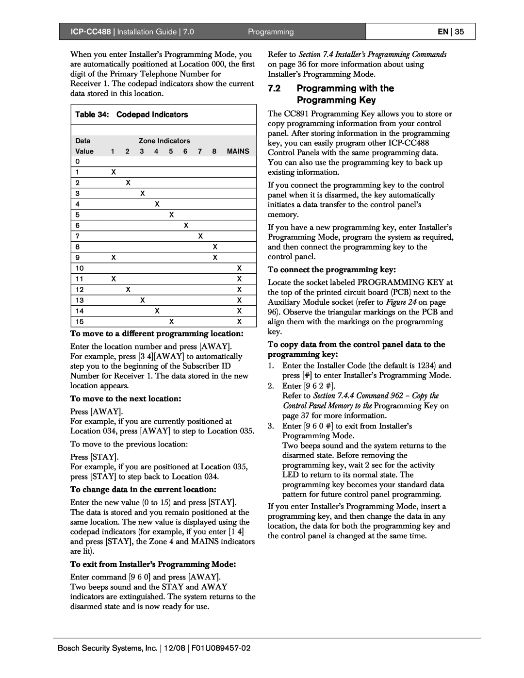Bosch Appliances manual 7.2Programming with the Programming Key, ICP-CC488| Installation Guide, En, Codepad Indicators 