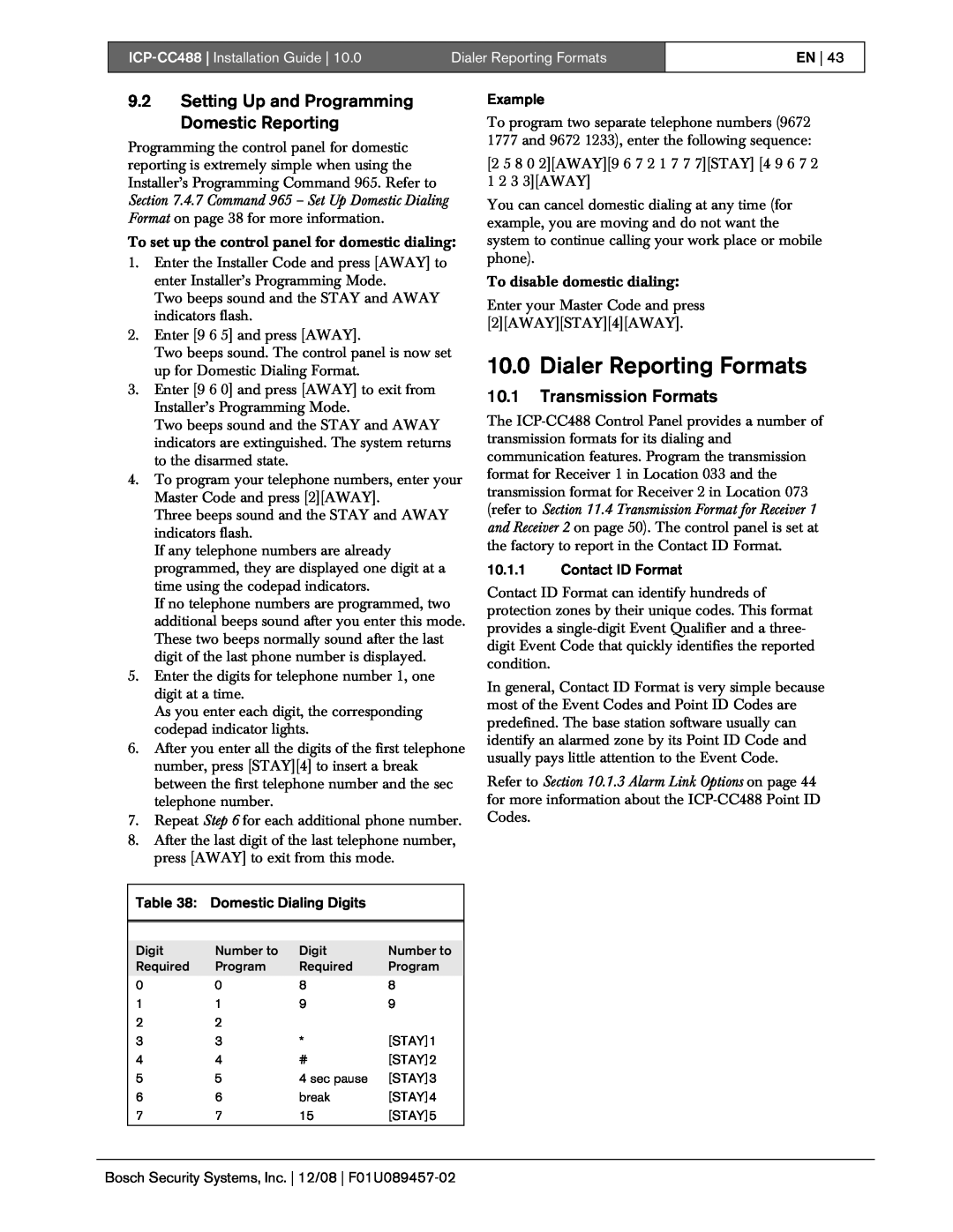 Bosch Appliances ICP-CC488 manual 10.0Dialer Reporting Formats, 9.2Setting Up and Programming Domestic Reporting 