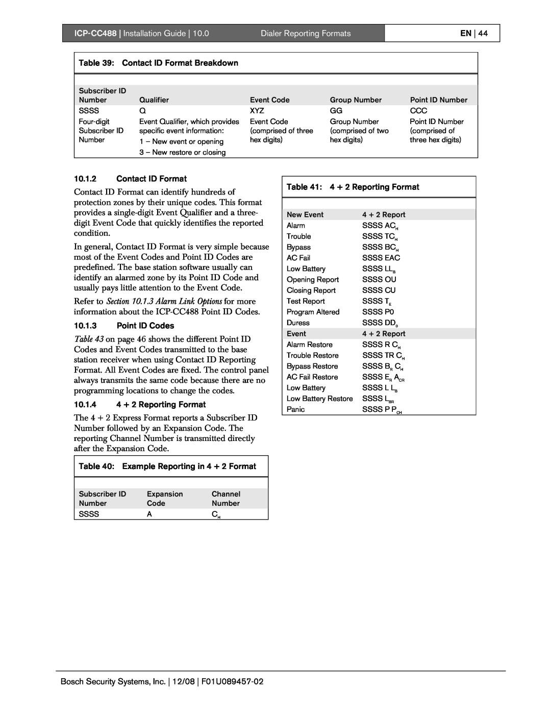 Bosch Appliances manual ICP-CC488| Installation Guide, Dialer Reporting Formats, En, Contact ID Format Breakdown 