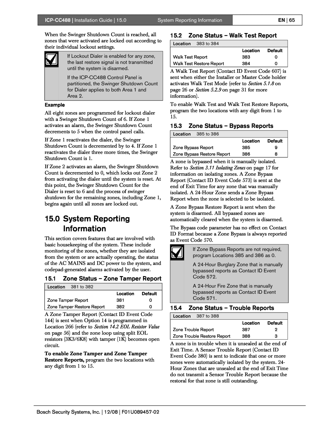 Bosch Appliances ICP-CC488 manual System Reporting Information, 15.1Zone Status – Zone Tamper Report 
