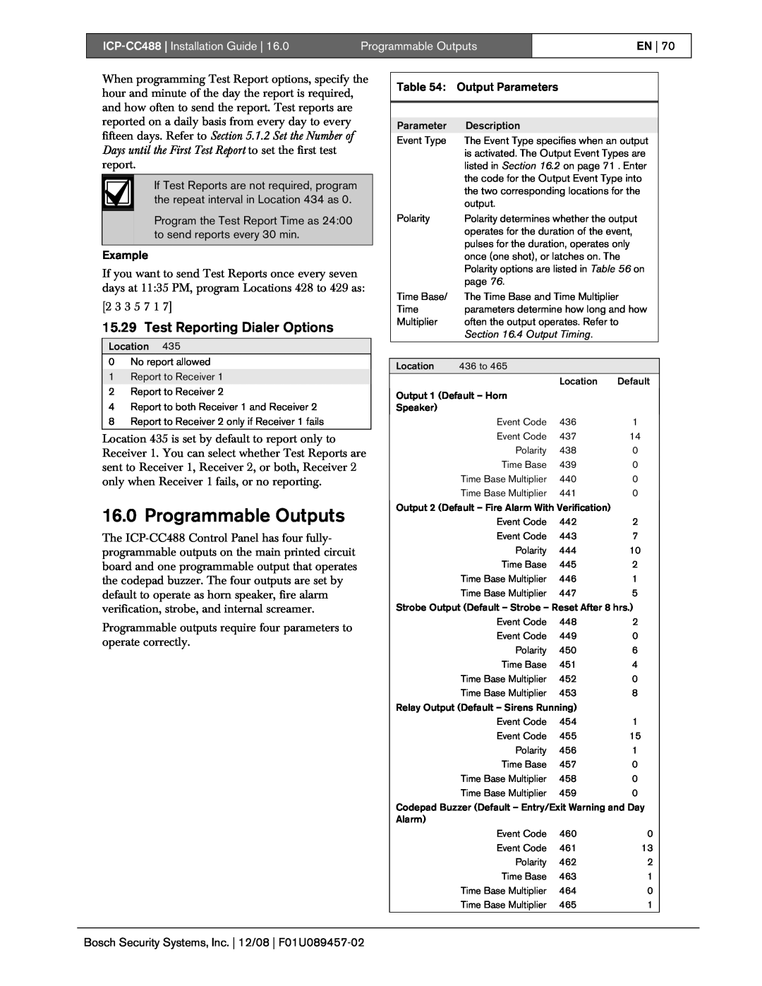Bosch Appliances manual Programmable Outputs, Test Reporting Dialer Options, ICP-CC488 Installation Guide 