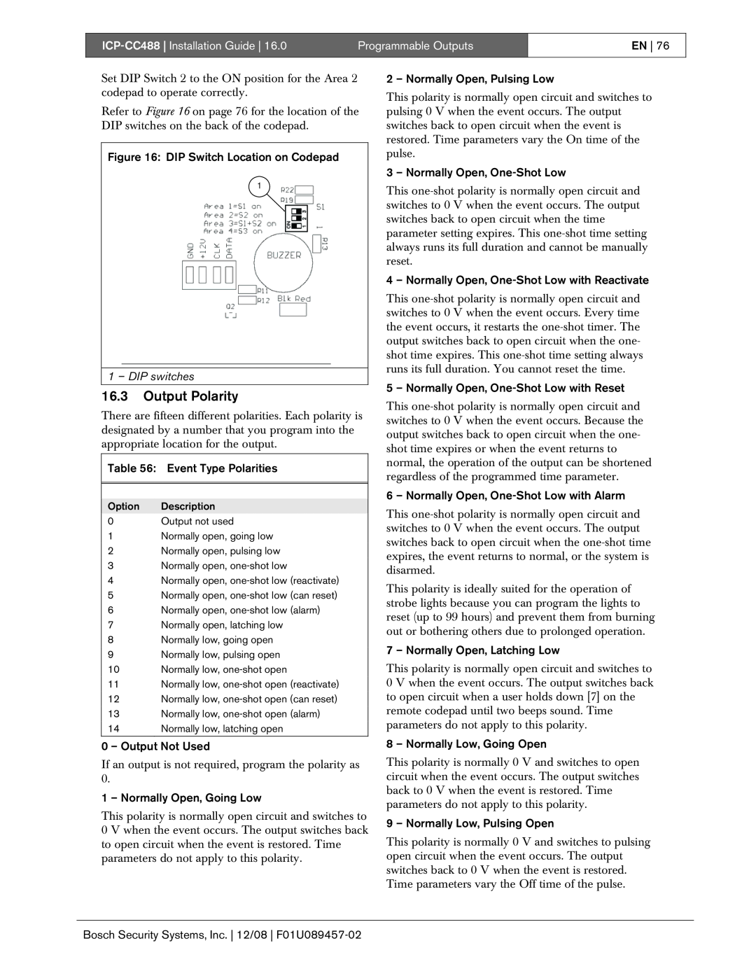 Bosch Appliances manual 16.3Output Polarity, ICP-CC488| Installation Guide, Programmable Outputs 