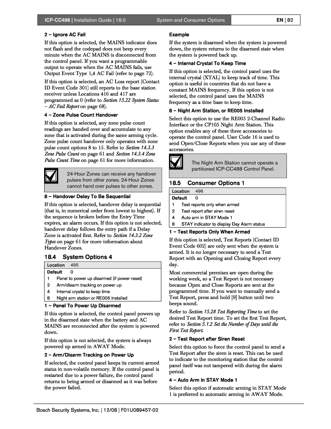 Bosch Appliances manual 18.4System Options, 18.5Consumer Options, AC Fail Report on page, ICP-CC488| Installation Guide 