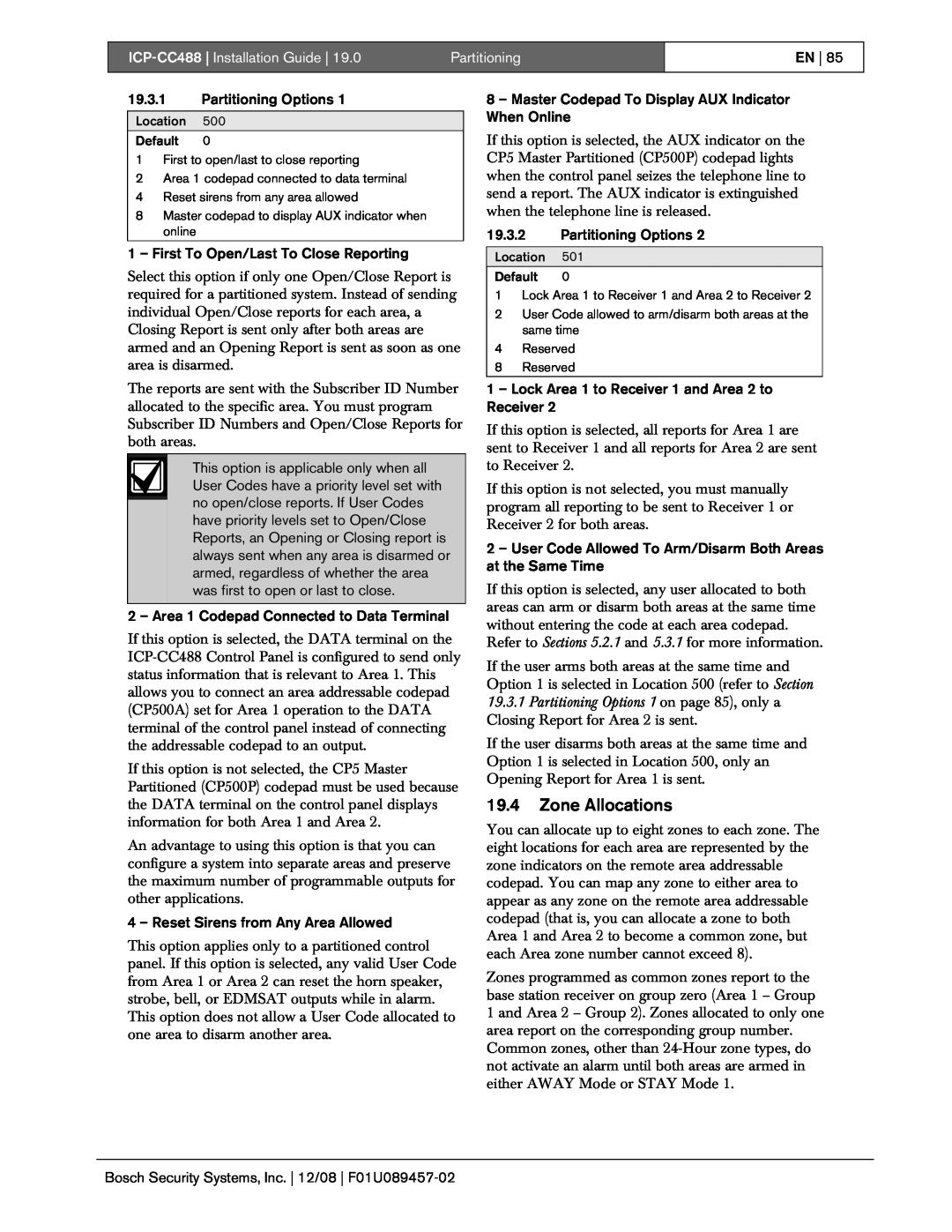 Bosch Appliances manual 19.4Zone Allocations, ICP-CC488| Installation Guide, Partitioning 