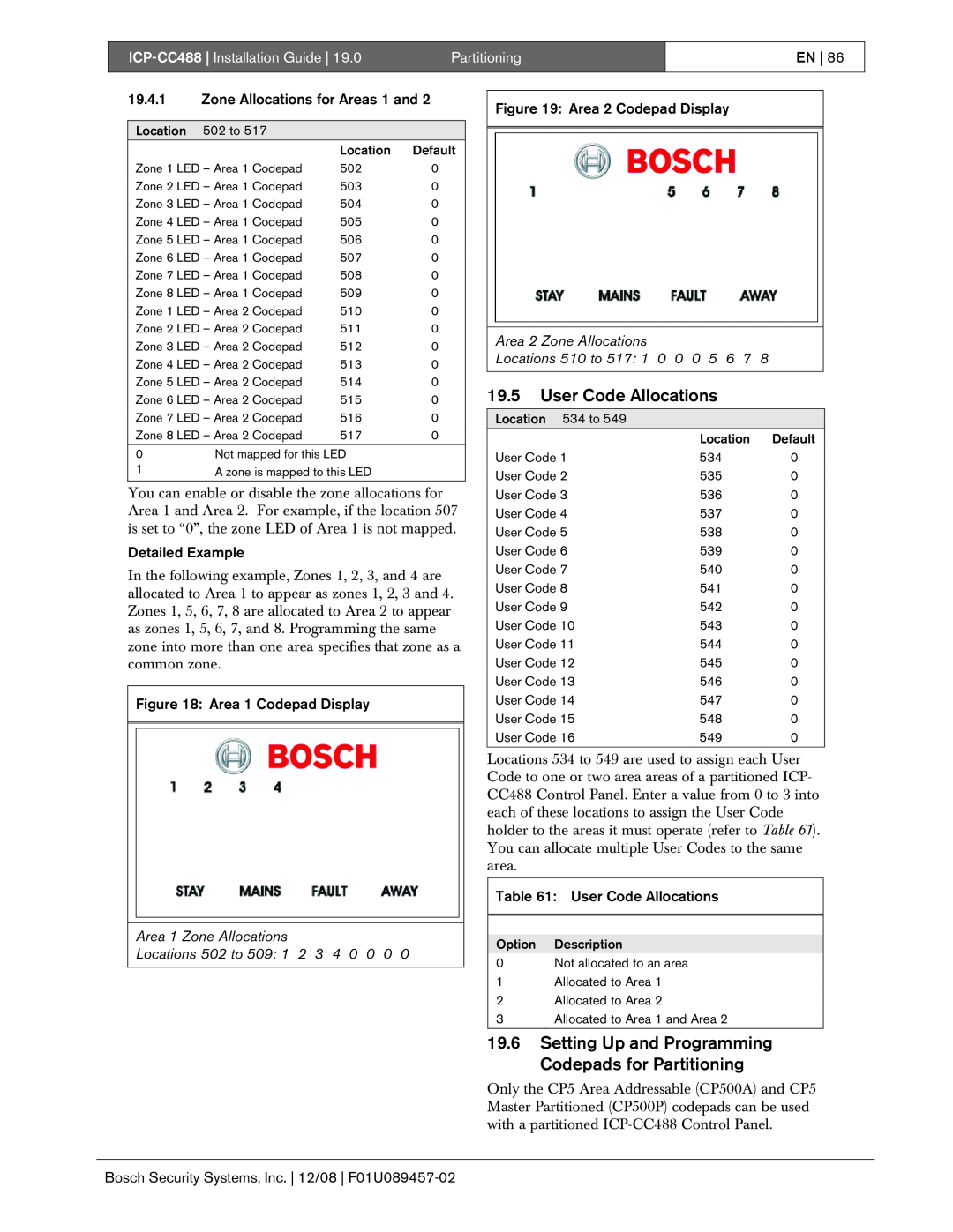 Bosch Appliances manual 19.5User Code Allocations, ICP-CC488| Installation Guide, Partitioning, En, Detailed Example 